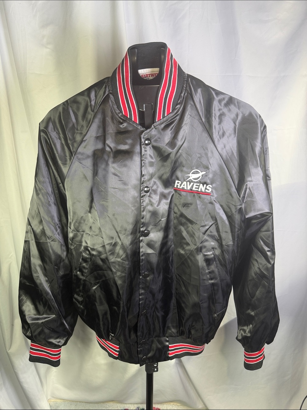 Vintage Hartwell Sports Ravens Satin Bomber Jacket - Black with Red Trim